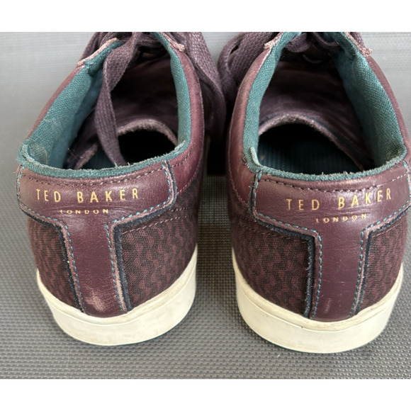TED BAKER SIZE 10.5 PLUM/BLACK LACE-UP PRINT CANVAS LEATHER MEN'S SNEAKERS MEN'S - Picture 4 of 9